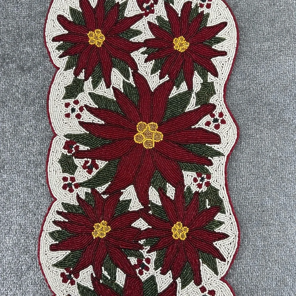 Vintage Beaded Table Runner Christmas Winter Holiday Poinsettia Flower Decor Red